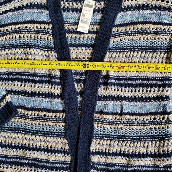Benetton Womans Blue Knit Crochet Cut Out Striped Open Cardigan Sweater M NWT - Picture 11 of 14